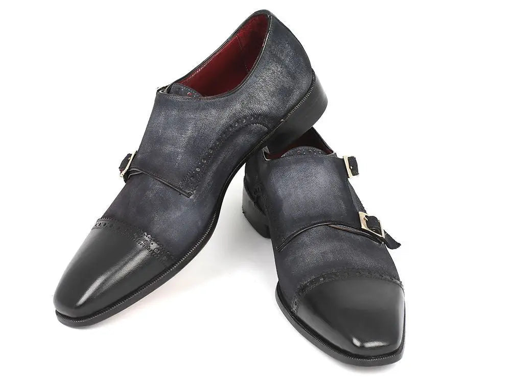 Paul Parkman Men's Navy Suede Cap Toe Double Monk strap Shoes (ID#FK77W) PAUL PARKMAN