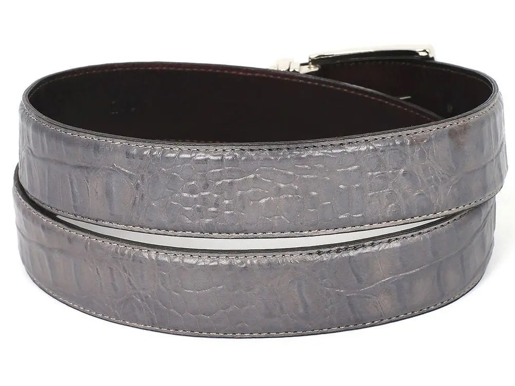 Paul Parkman  Men's Gray Crocodile Textured Genuine Leather Belt (ID#B02-GRY) PAUL PARKMAN