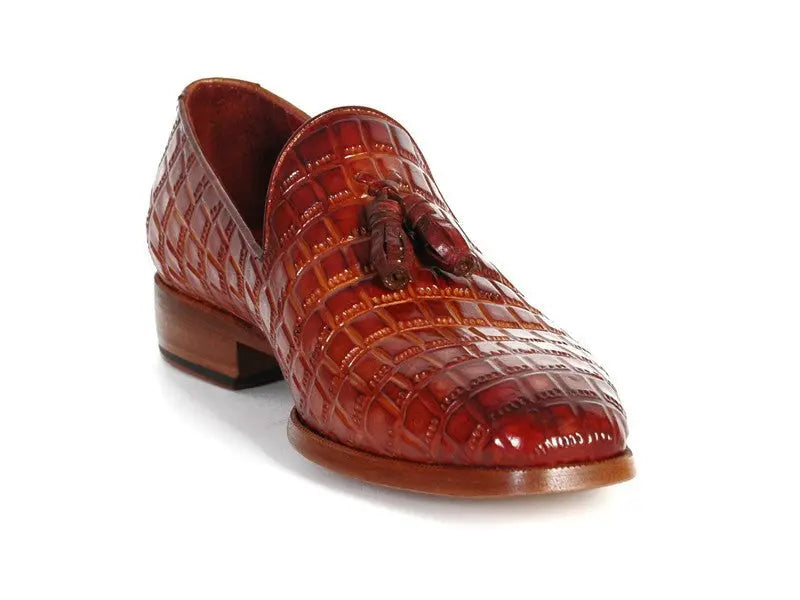 Paul Parkman Men's Reddish Camel Crocodile Embossed Calfskin Tassel Loafers (ID#0823-RDSH) PAUL PARKMAN