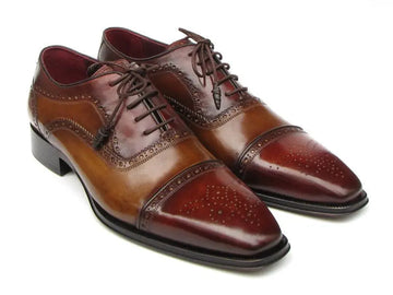 Paul Parkman Men's Camel/Red Hand-Painted Genuine Leather Cap Toe Oxfords (ID#024-CML-BRD) PAUL PARKMAN