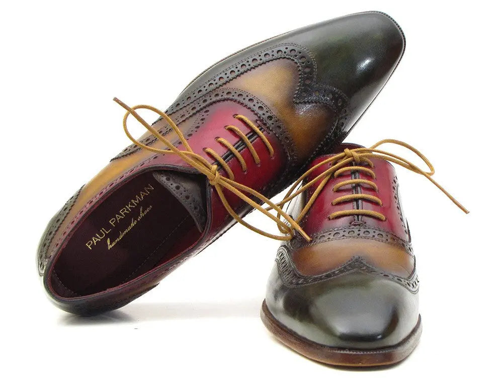 Paul Parkman Men's Three Tone Green/Camel/Bordeaux Wingtip Oxfords (ID#PP22F75) PAUL PARKMAN