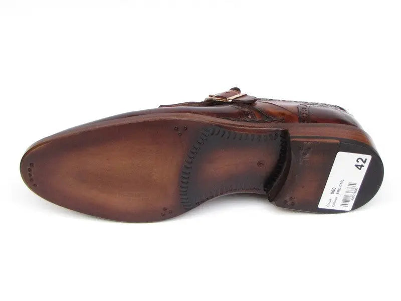 Paul Parkman Men's Brown Hand-Painted Genuine Leather Wingtip Monk strap Brogues (ID#060-BRW) PAUL PARKMAN