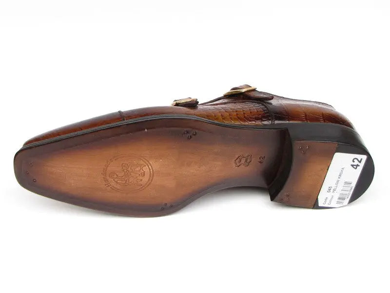 Paul Parkman Men's Brown Crocodile Embossed Calfskin Double Monk strap Shoes (ID#045-APR-BRW) PAUL PARKMAN