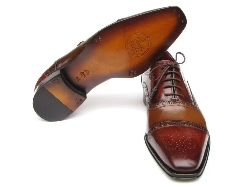 Paul Parkman Men's Camel/Red Hand-Painted Genuine Leather Cap Toe Oxfords (ID#024-CML-BRD) PAUL PARKMAN