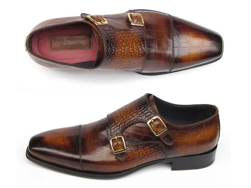 Paul Parkman Men's Brown Crocodile Embossed Calfskin Double Monk strap Shoes (ID#045-APR-BRW) PAUL PARKMAN