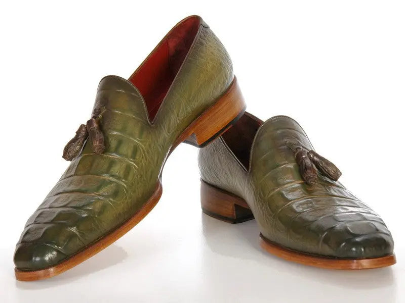 Paul Parkman Men's Green Crocodile Embossed Calfskin Tassel Loafers (ID#PP2281-GREEN) PAUL PARKMAN