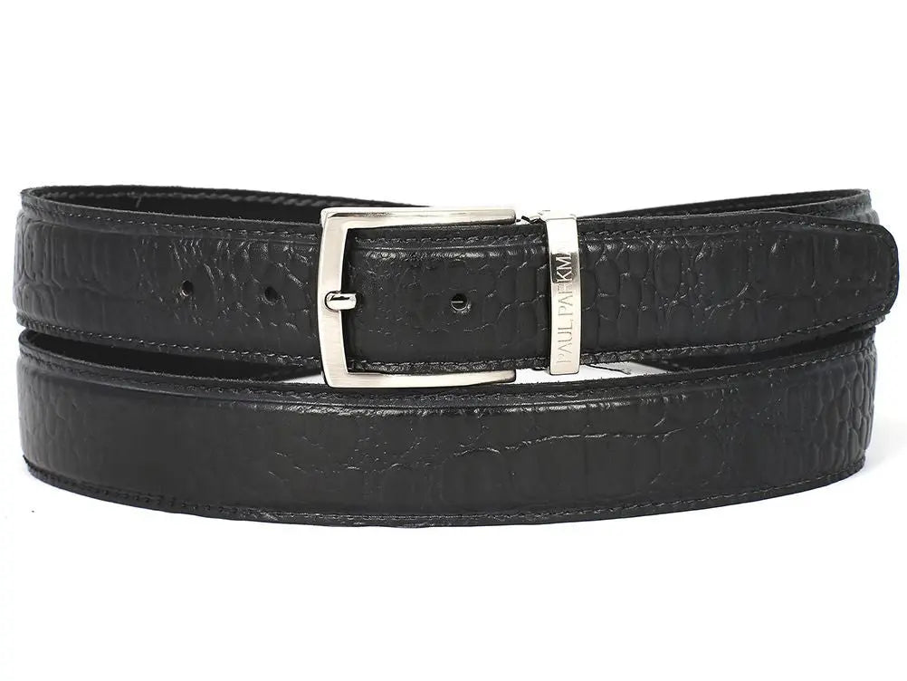 Paul Parkman Men's Black Crocodile Textured Genuine Leather Belt (ID#B02-BLK) PAUL PARKMAN