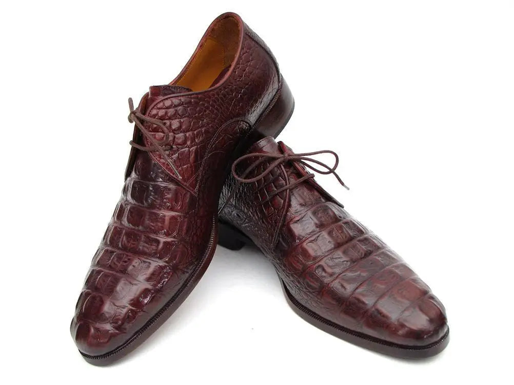 Paul Parkman Men's Brown/Bordeaux Crocodile Embossed Calfskin Genuine Leather Derby Shoes (ID#1438BRD) PAUL PARKMAN