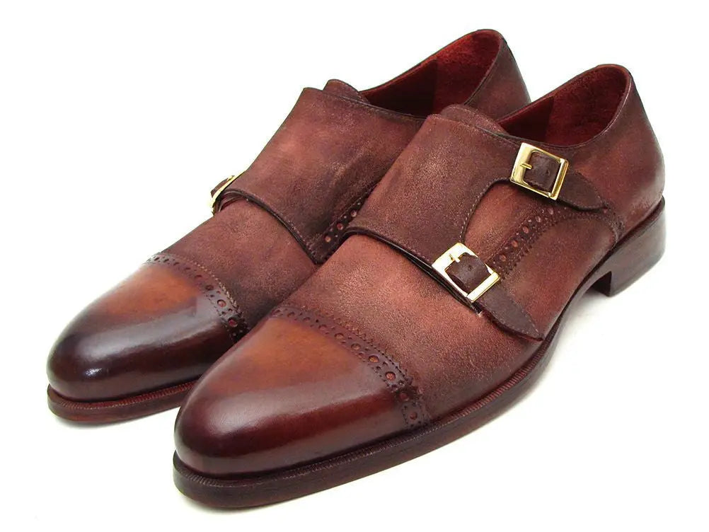 Paul Parkman Men's Antique Brown Suede Cap Toe Double Monk strap Shoes (ID#045BT11) PAUL PARKMAN