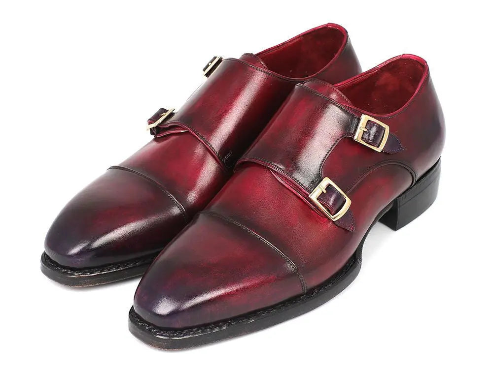 Paul Parkman Men's Purple/Burgundy Triple Genuine Leather Sole Hand-Welted Cap Toe Monk strap Shoes (ID#LX77MNK) PAUL PARKMAN