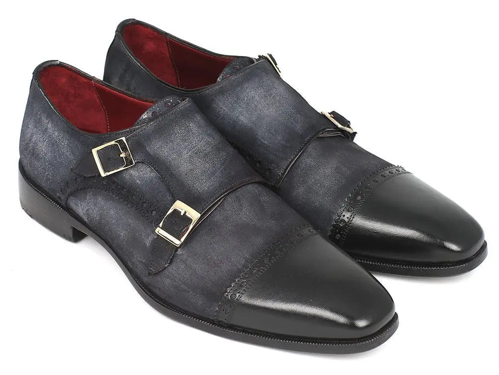 Paul Parkman Men's Navy Suede Cap Toe Double Monk strap Shoes (ID#FK77W) PAUL PARKMAN