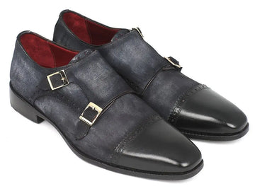 Paul Parkman Men's Navy Suede Cap Toe Double Monk strap Shoes (ID#FK77W) PAUL PARKMAN