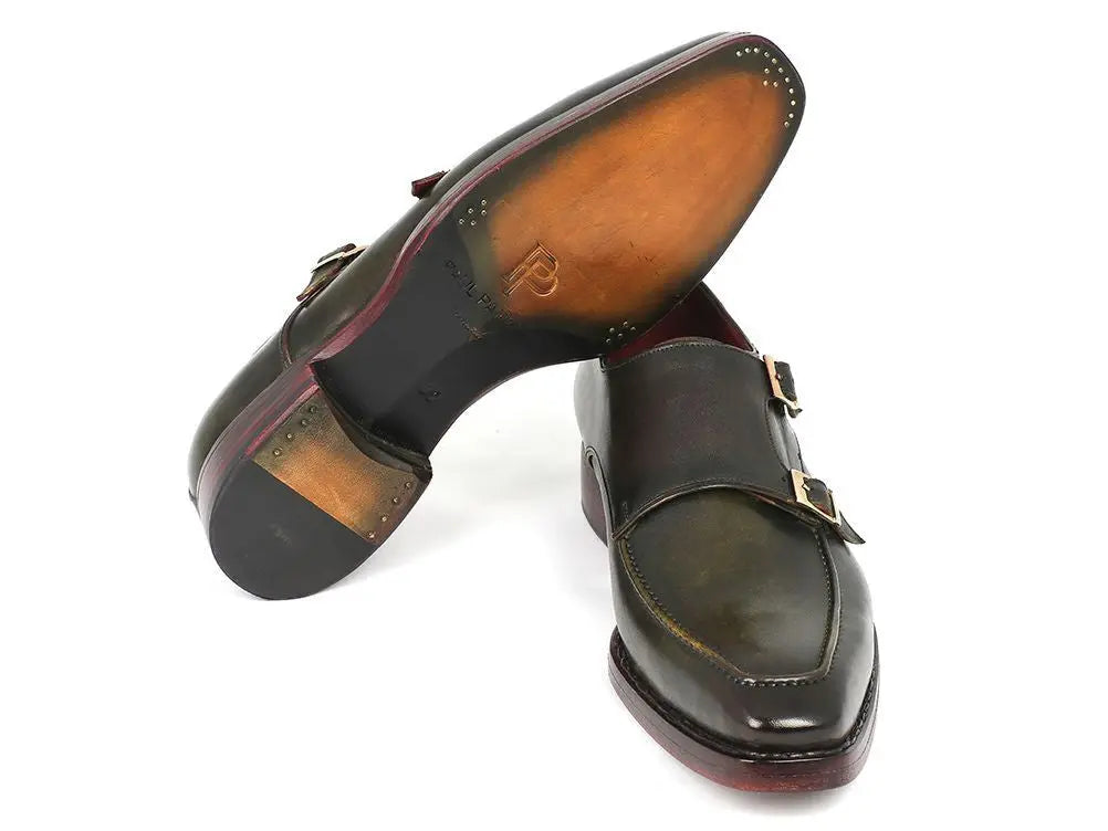 Paul Parkman Men's Green Goodyear Welted Double Monk strap Shoes (ID#061-GREEN) PAUL PARKMAN