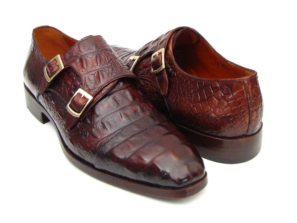 Paul Parkman Men's Brown/Bordeaux Crocodile Embossed Calfskin Double Monk strap Shoes (ID#045FG12) PAUL PARKMAN