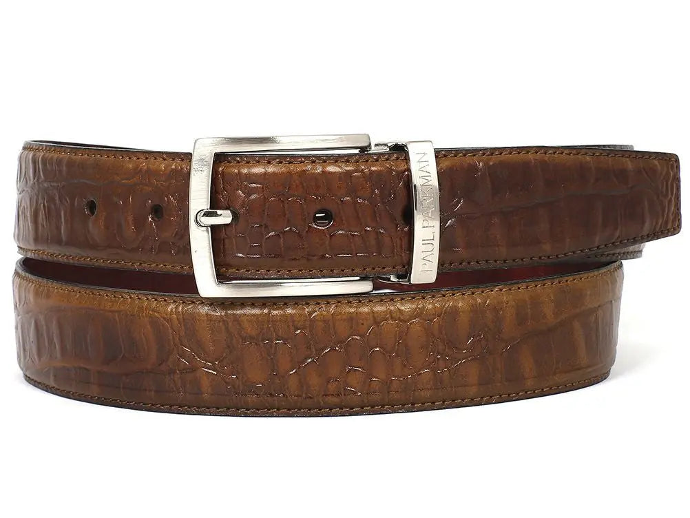 Paul Parkman Men's Olive Crocodile Textured Genuine Leather Belt (ID#B02-OLV) PAUL PARKMAN
