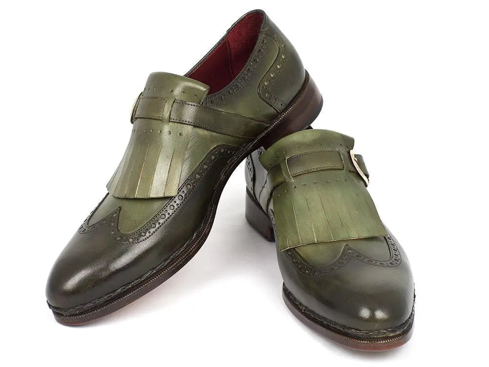 Paul Parkman Men's Green Hand-Painted Genuine Leather Wingtip Monk strap Brogues (ID#060-GREEN) PAUL PARKMAN