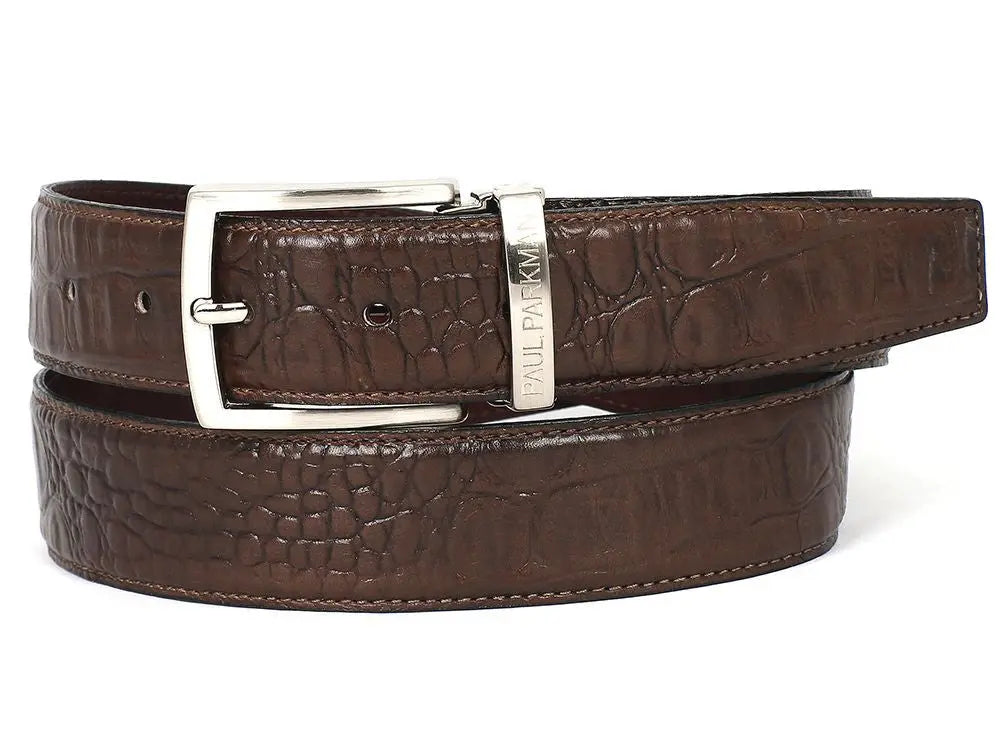 Paul Parkman Men's Brown Crocodile Textured Genuine Leather Belt (ID#B02-BRW) PAUL PARKMAN