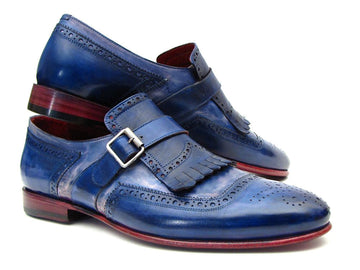 Paul Parkman Kiltie Monkstrap Shoes Dual Tone Blue Leather (ID#12BL78)