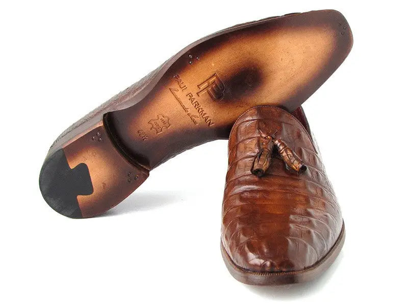 Paul Parkman Men's Brown Crocodile Embossed Calfskin Tassel Loafers (ID#PP2281-BRW) PAUL PARKMAN