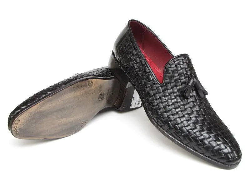 Paul Parkman Men's Black Woven Genuine Leather Tassel Loafers (ID#085-BLK) PAUL PARKMAN