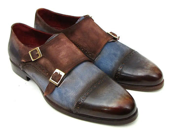 Paul Parkman Men's Antique Blue/Brown Suede Cap Toe Double Monk strap Shoes (ID#045AN14) PAUL PARKMAN