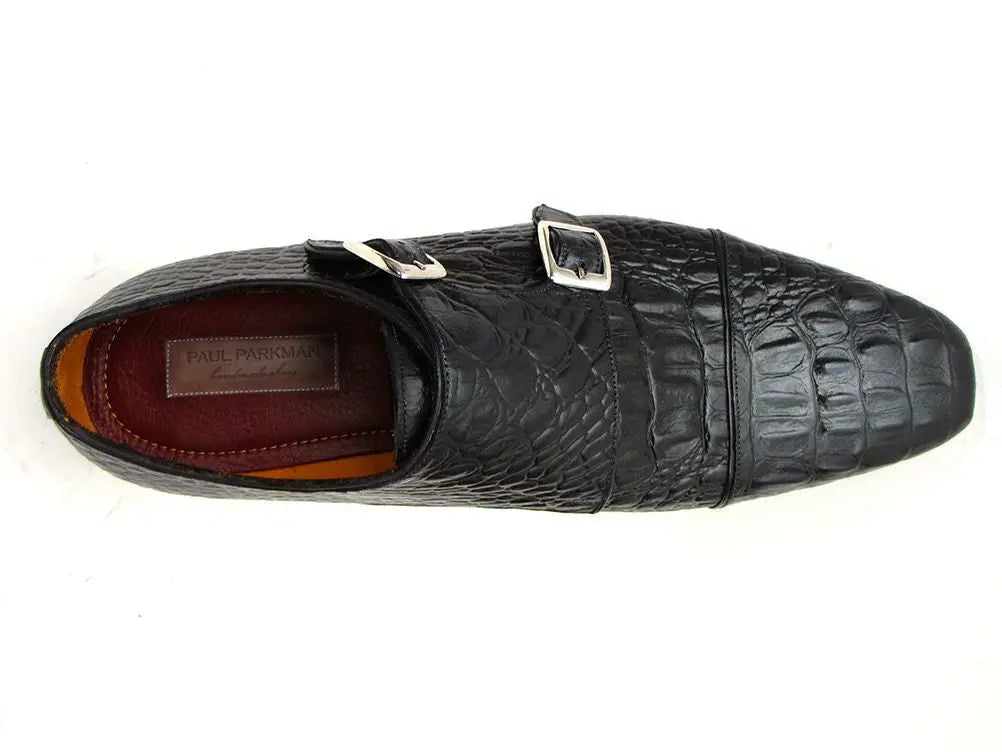 Paul Parkman Men's Black Crocodile Embossed Calfskin Double Monk strap Shoes (ID#045BK41) PAUL PARKMAN