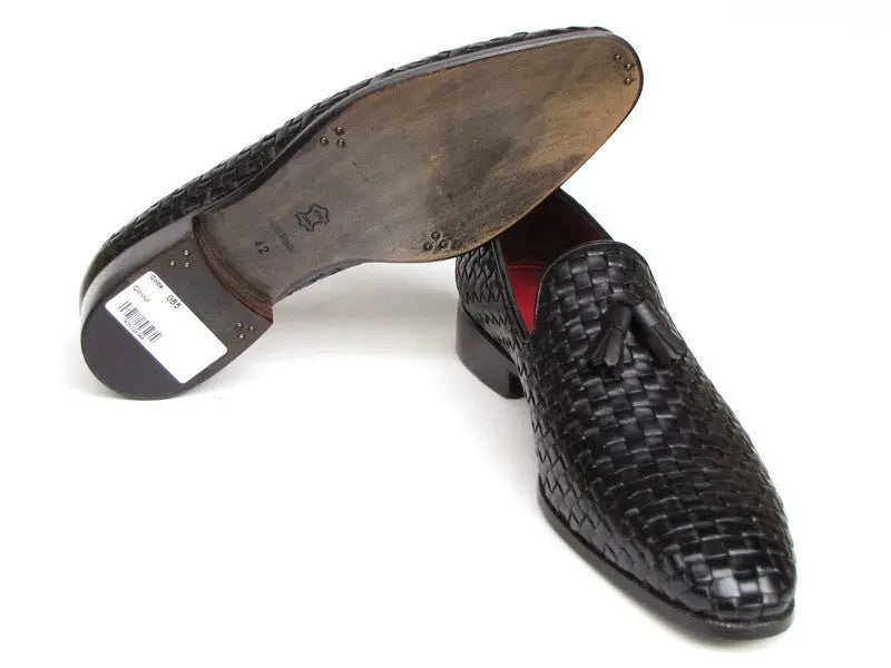 Paul Parkman Men's Black Woven Genuine Leather Tassel Loafers (ID#085-BLK) PAUL PARKMAN