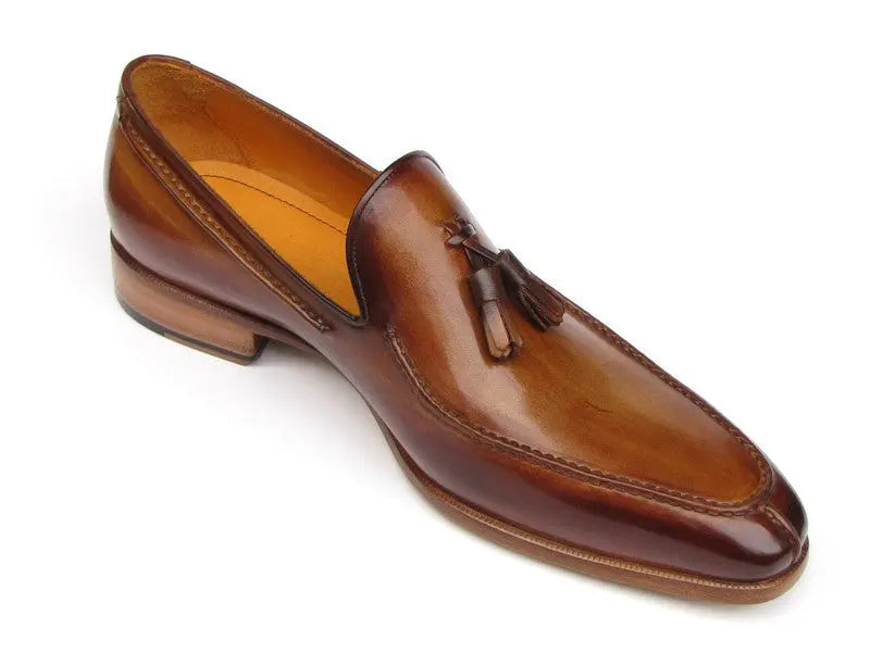 Paul Parkman Men's Camel/Brown Tassel Hand-Painted Genuine Leather Loafers(ID#083-CML) PAUL PARKMAN