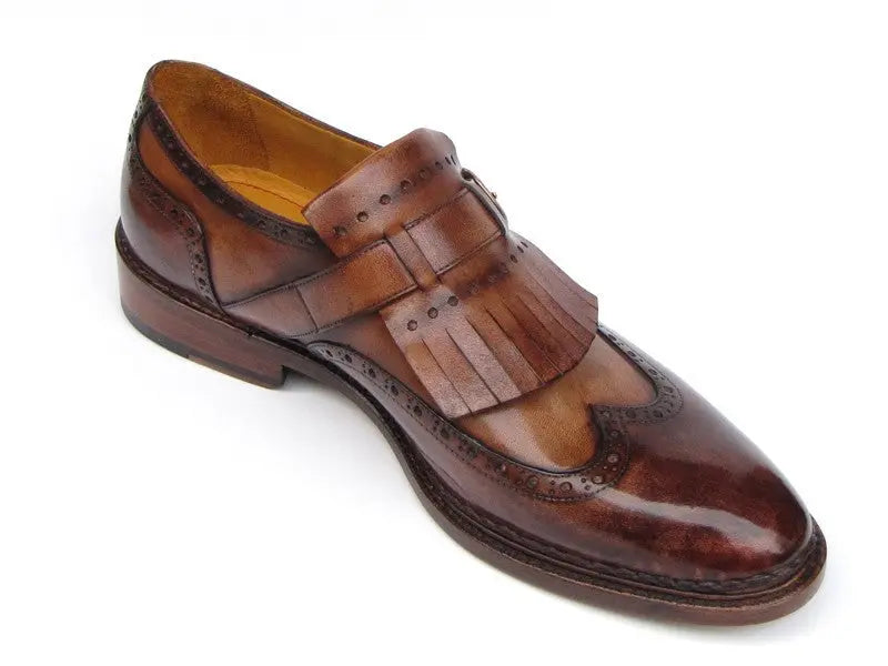Paul Parkman Men's Brown Hand-Painted Genuine Leather Wingtip Monk strap Brogues (ID#060-BRW) PAUL PARKMAN