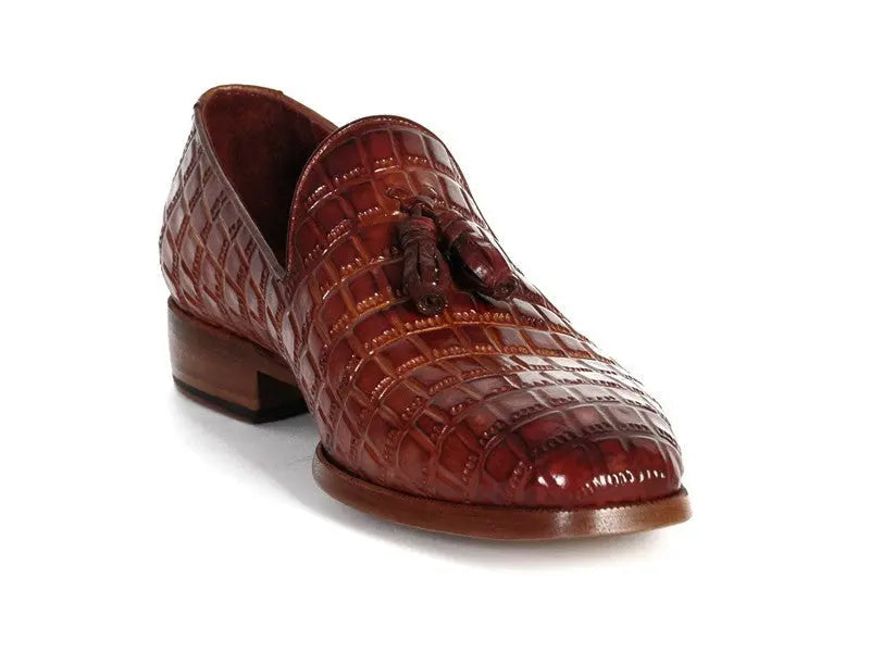 Paul Parkman Men's Brown Crocodile Embossed Calfskin Tassel Loafers (ID#0823-BRW) PAUL PARKMAN