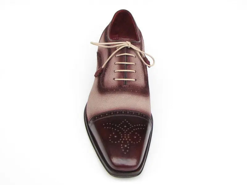 Paul Parkman Men's Bordeaux/Beige Hand-Painted Suede Cap Toe Oxfords(ID#024-BRR) PAUL PARKMAN