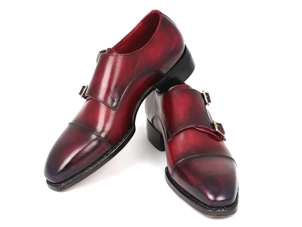 Paul Parkman Men's Purple/Burgundy Triple Genuine Leather Sole Hand-Welted Cap Toe Monk strap Shoes (ID#LX77MNK) PAUL PARKMAN