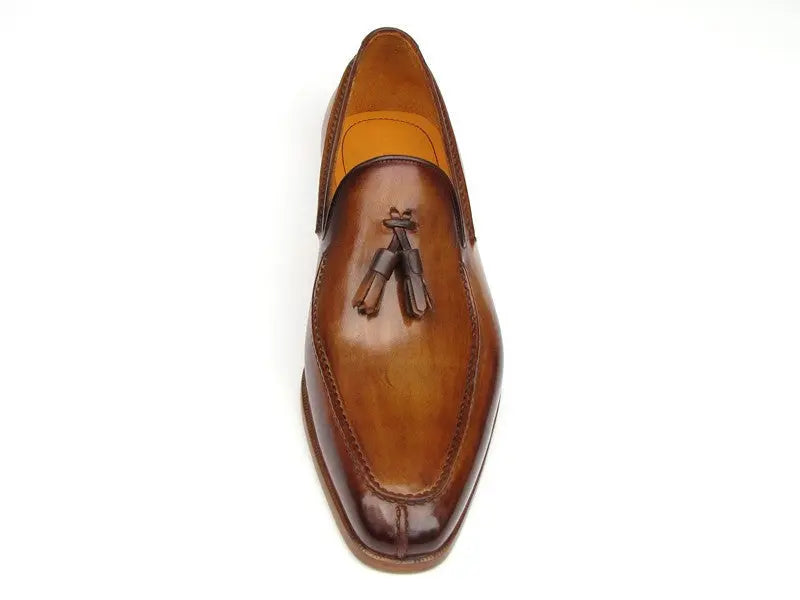 Paul Parkman Men's Camel/Brown Tassel Hand-Painted Genuine Leather Loafers(ID#083-CML) PAUL PARKMAN