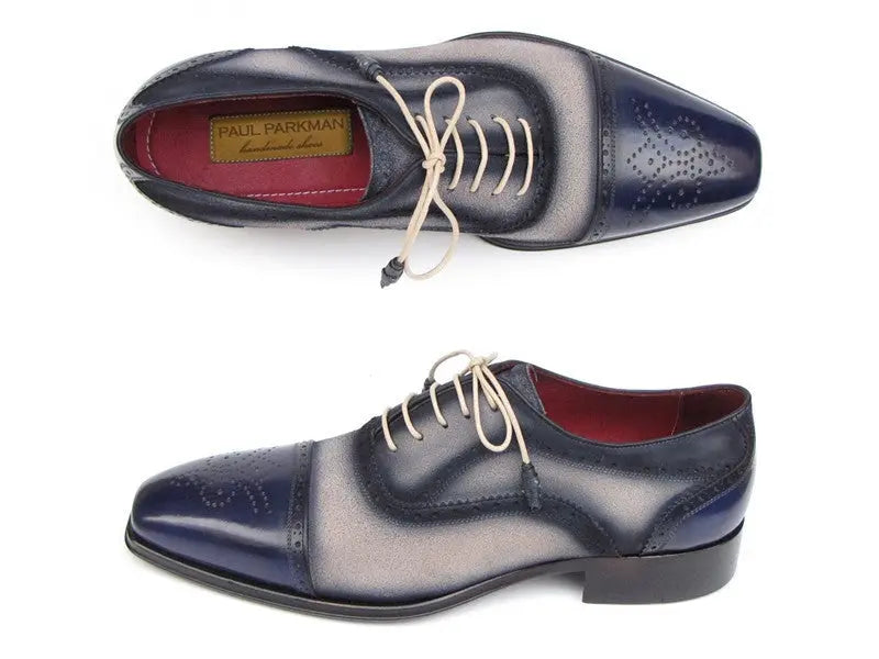 Paul Parkman Men's Navy/Beige Hand-Painted Suede Cap Toe Oxfords (ID#024-BLS) PAUL PARKMAN