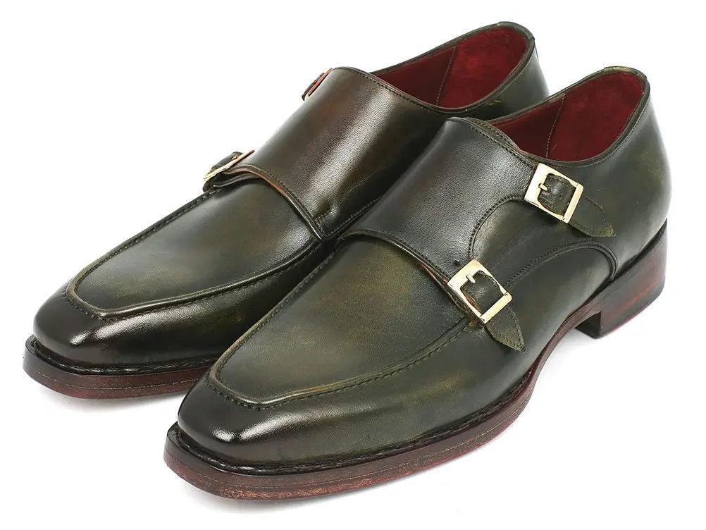 Paul Parkman Men's Green Goodyear Welted Double Monk strap Shoes (ID#061-GREEN) PAUL PARKMAN