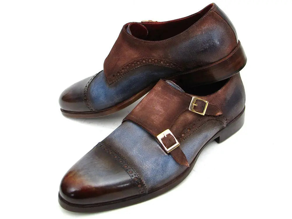 Paul Parkman Men's Antique Blue/Brown Suede Cap Toe Double Monk strap Shoes (ID#045AN14) PAUL PARKMAN