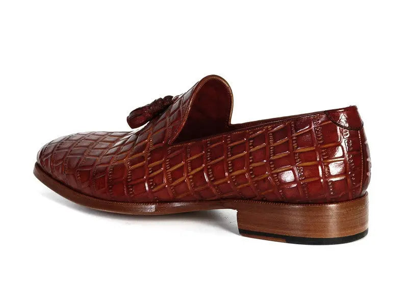 Paul Parkman Men's Brown Crocodile Embossed Calfskin Tassel Loafers (ID#0823-BRW) PAUL PARKMAN