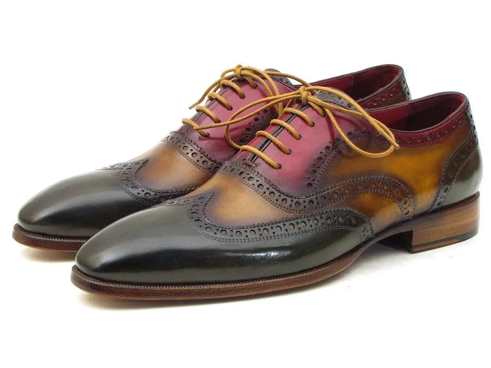 Paul Parkman Men's Three Tone Green/Camel/Bordeaux Wingtip Oxfords (ID#PP22F75) PAUL PARKMAN