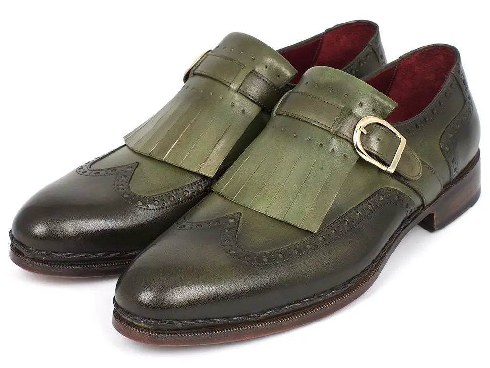 Paul Parkman Men's Green Hand-Painted Genuine Leather Wingtip Monk strap Brogues (ID#060-GREEN) PAUL PARKMAN