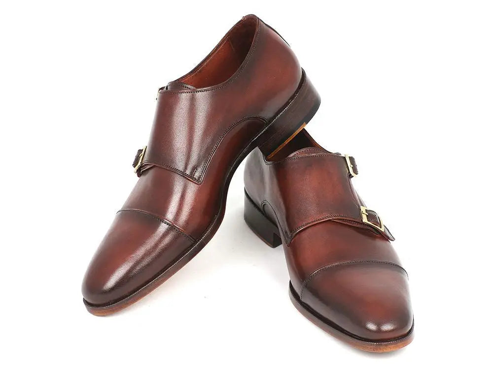 Paul Parkman Men's Brown Cap-Toe Double Monk strap Shoes (ID#0457-BRW) PAUL PARKMAN