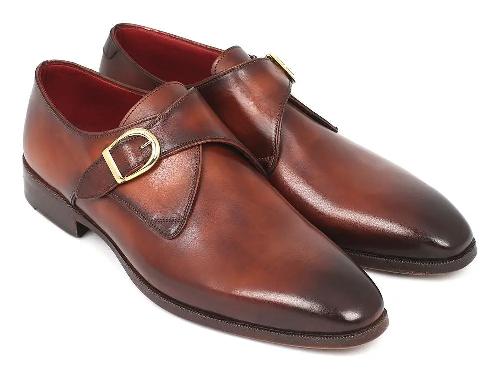 Paul Parkman Men's Brown/Camel Genuine Leather Single Monk strap Shoes (ID#011B44) PAUL PARKMAN
