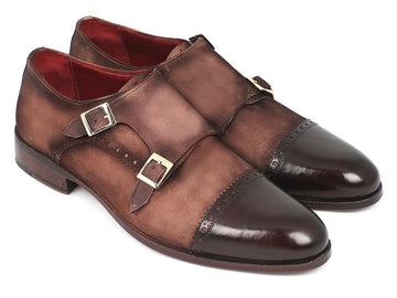 Paul Parkman Men's Double Monkstrap Captoe Dress Shoes - Brown / Beige Suede Upper and Leather Sole (ID#FK09)