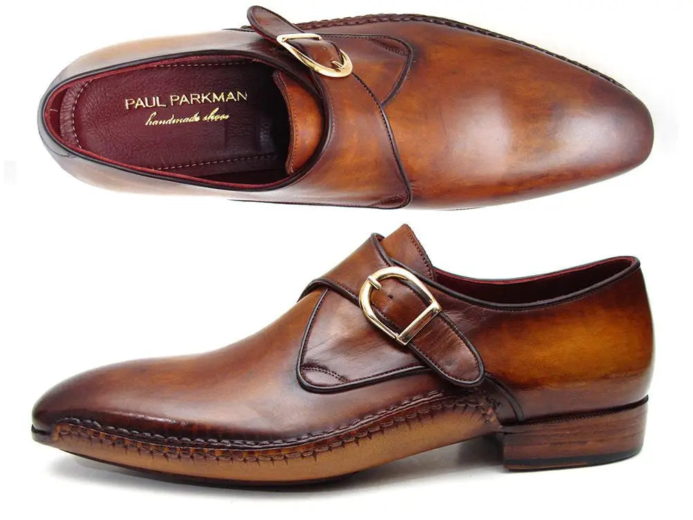 Paul Parkman Men's Brown Genuine Leather Single Monk strap Shoes (ID#69V5E) PAUL PARKMAN