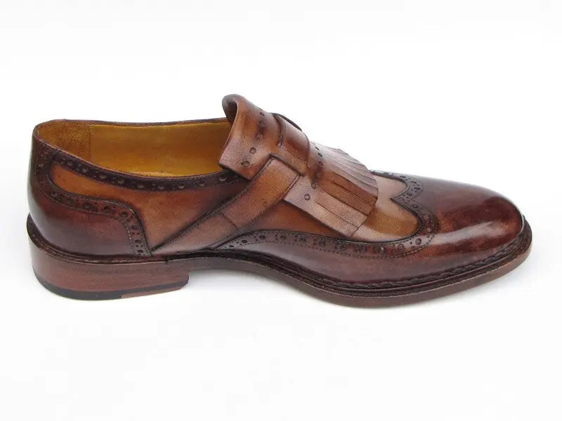 Paul Parkman Men's Brown Hand-Painted Genuine Leather Wingtip Monk strap Brogues (ID#060-BRW) PAUL PARKMAN
