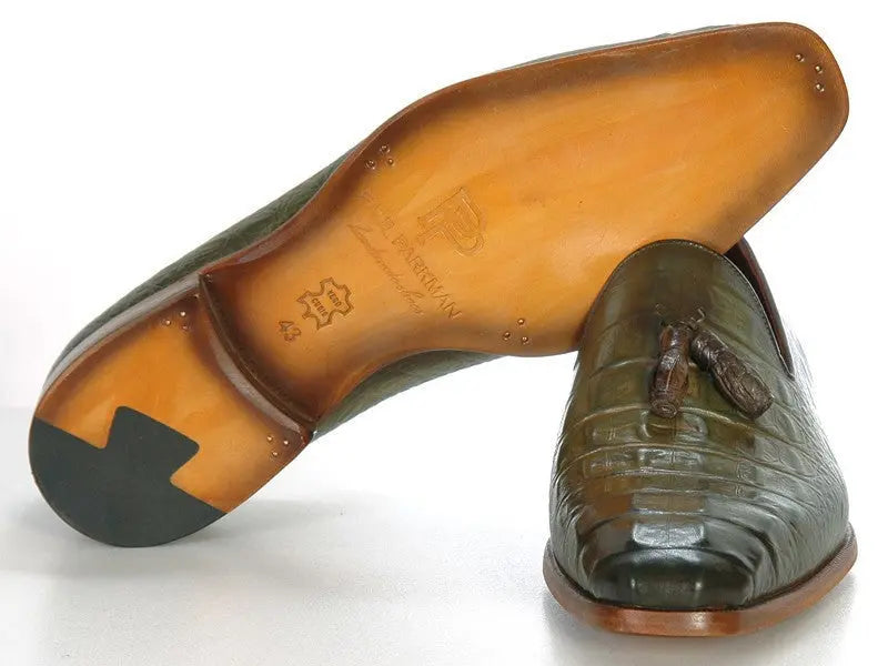 Paul Parkman Men's Green Crocodile Embossed Calfskin Tassel Loafers (ID#PP2281-GREEN) PAUL PARKMAN