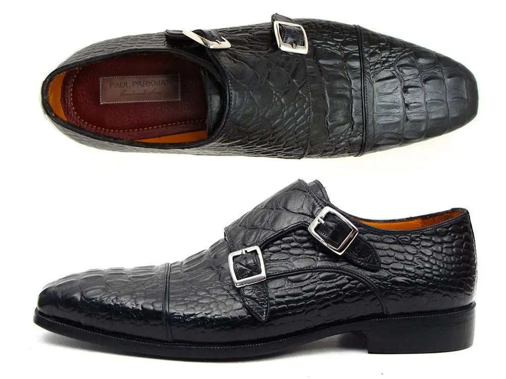 Paul Parkman Men's Black Crocodile Embossed Calfskin Double Monk strap Shoes (ID#045BK41) PAUL PARKMAN