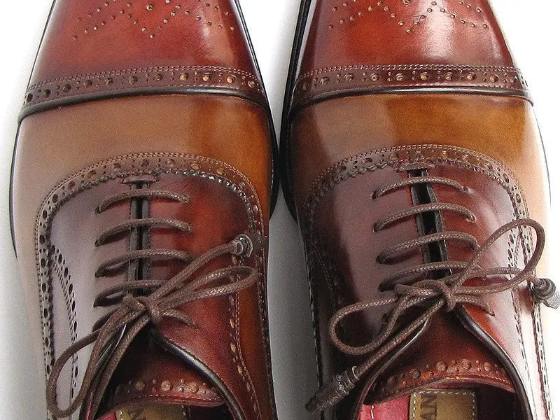 Paul Parkman Men's Camel/Red Hand-Painted Genuine Leather Cap Toe Oxfords (ID#024-CML-BRD) PAUL PARKMAN