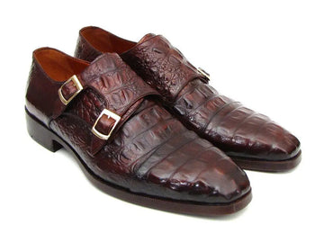 Paul Parkman Men's Brown/Bordeaux Crocodile Embossed Calfskin Double Monk strap Shoes (ID#045FG12) PAUL PARKMAN