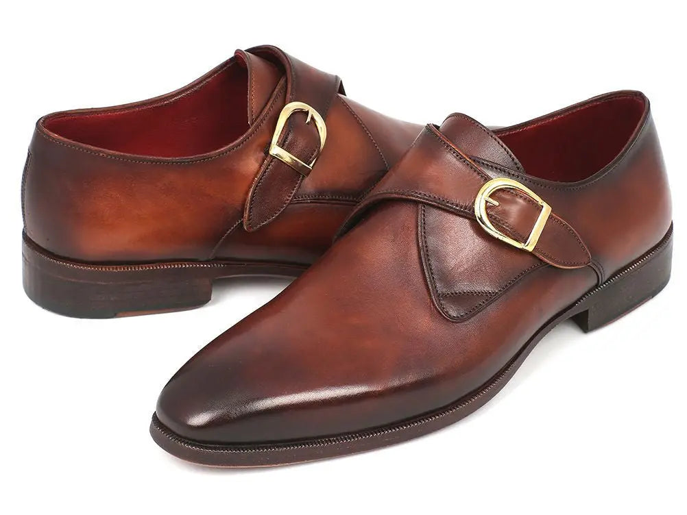 Paul Parkman Men's Brown/Camel Genuine Leather Single Monk strap Shoes (ID#011B44) PAUL PARKMAN
