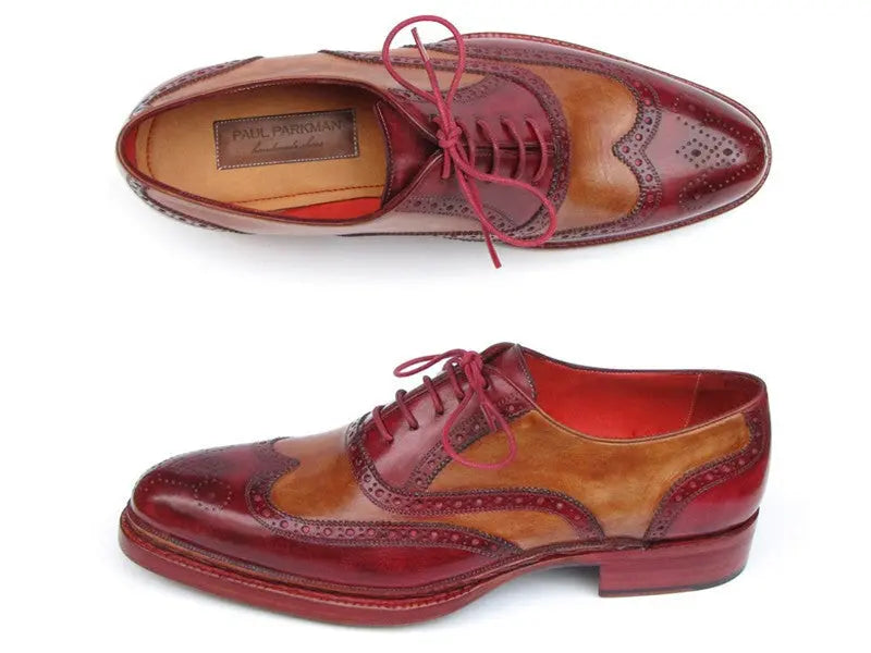Paul Parkman Men's Bordeaux/Camel Triple Genuine Leather Sole Wingtip Brogues (ID#027-TRP-CMLBRD) PAUL PARKMAN